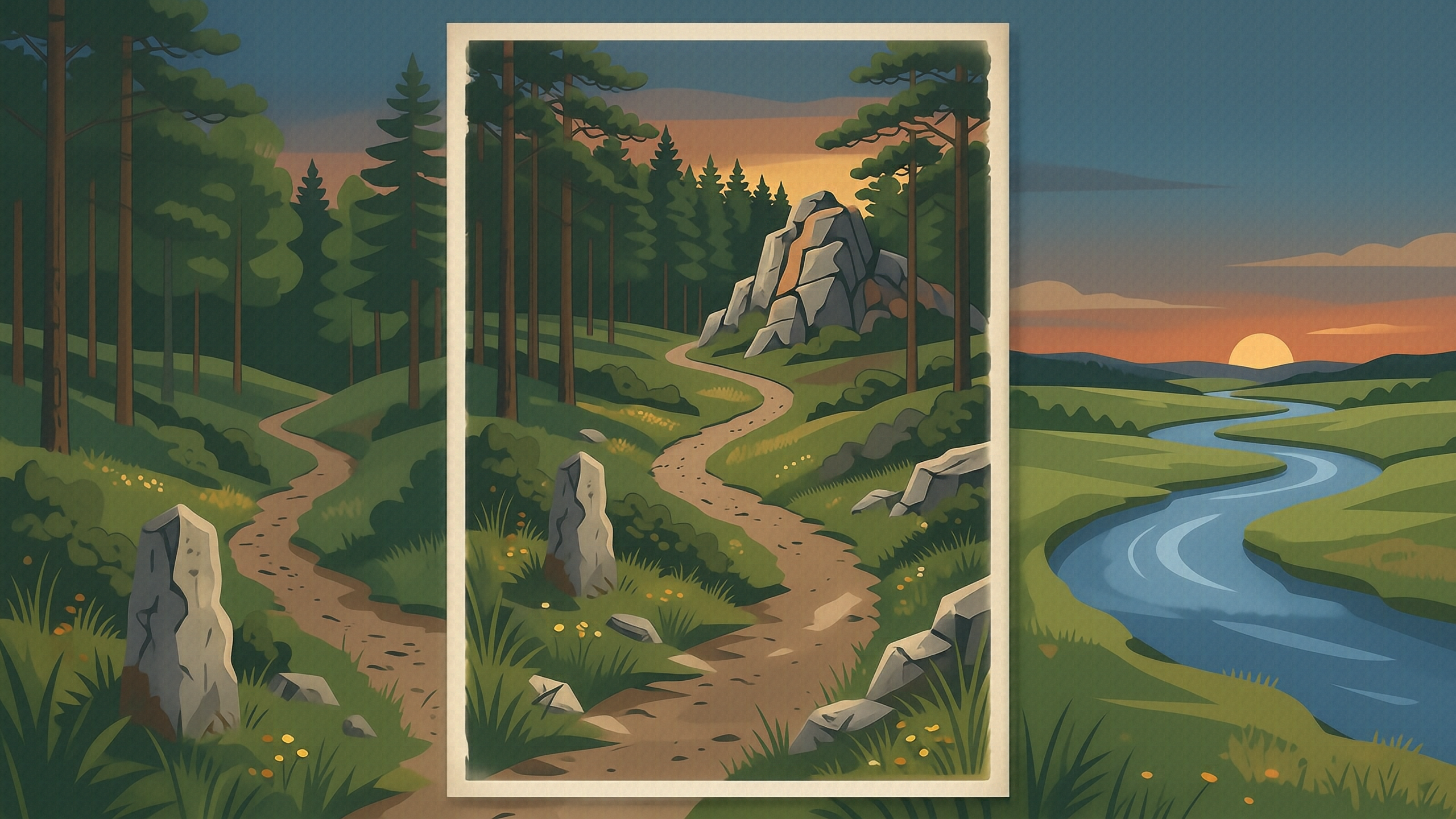 A dusk park-poster landscape: a single footpath reaching a four-way junction on a wide moor below a pine forest — four trails diverge from one stone marker toward pines, a rocky summit, a river and meadow, and the low sun