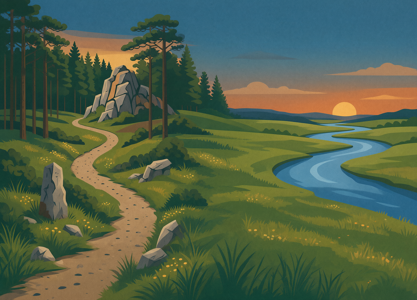 A dusk park-poster landscape: two footpaths starting together at a stone marker and drifting steadily apart mile by mile toward the low sun, ending at two clearly different distances on the moor