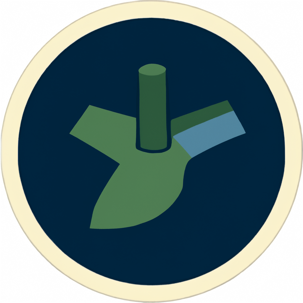 An enamel patch badge in vintage park-poster style: a stone trail marker at the center of a four-way fork with four short trails diverging from it