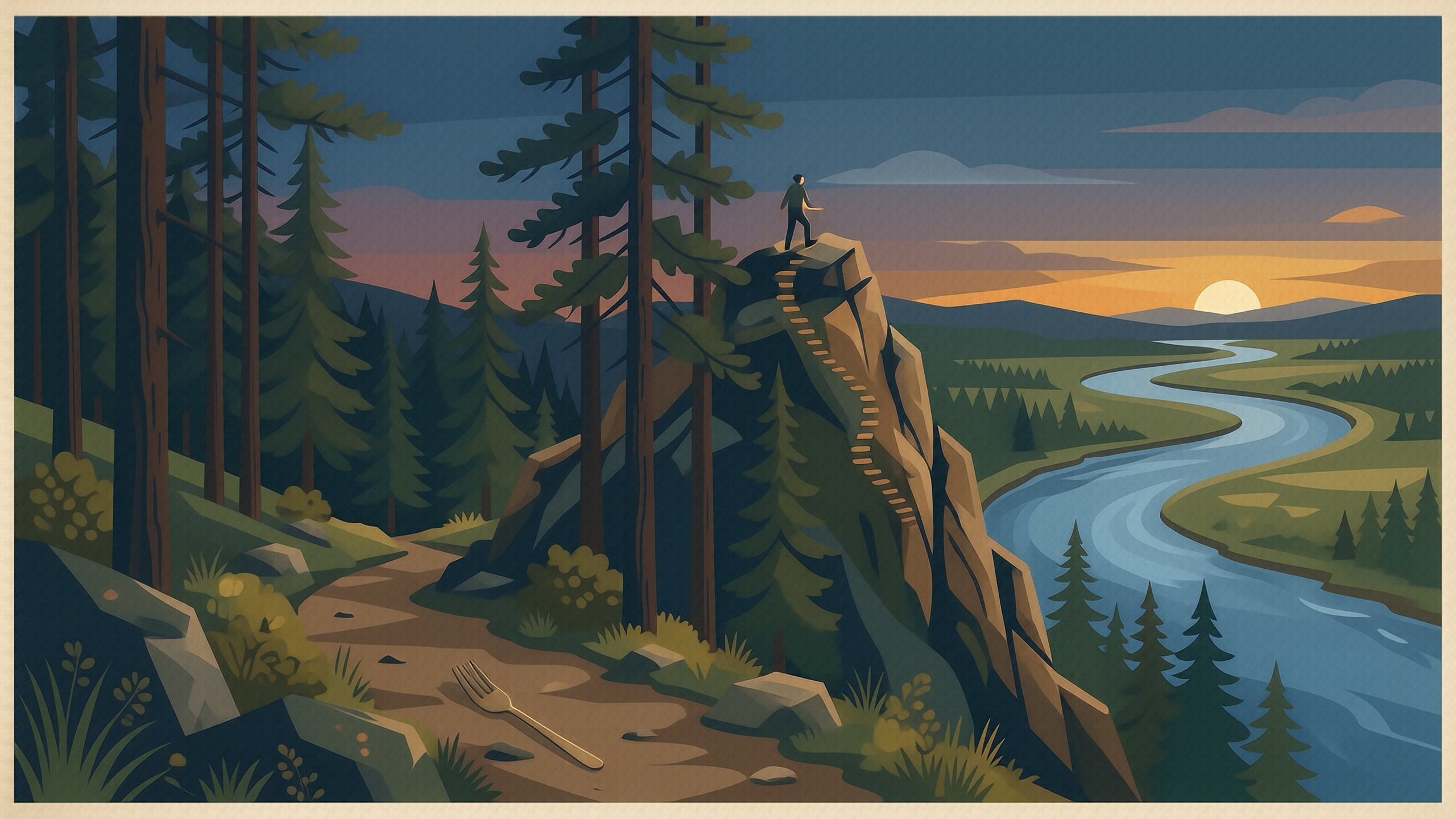 A dusk park-poster landscape: a footpath forking at the base of a pine forest, one branch climbing a rocky summit, the other running to a wide river and meadow, the low sun over the water