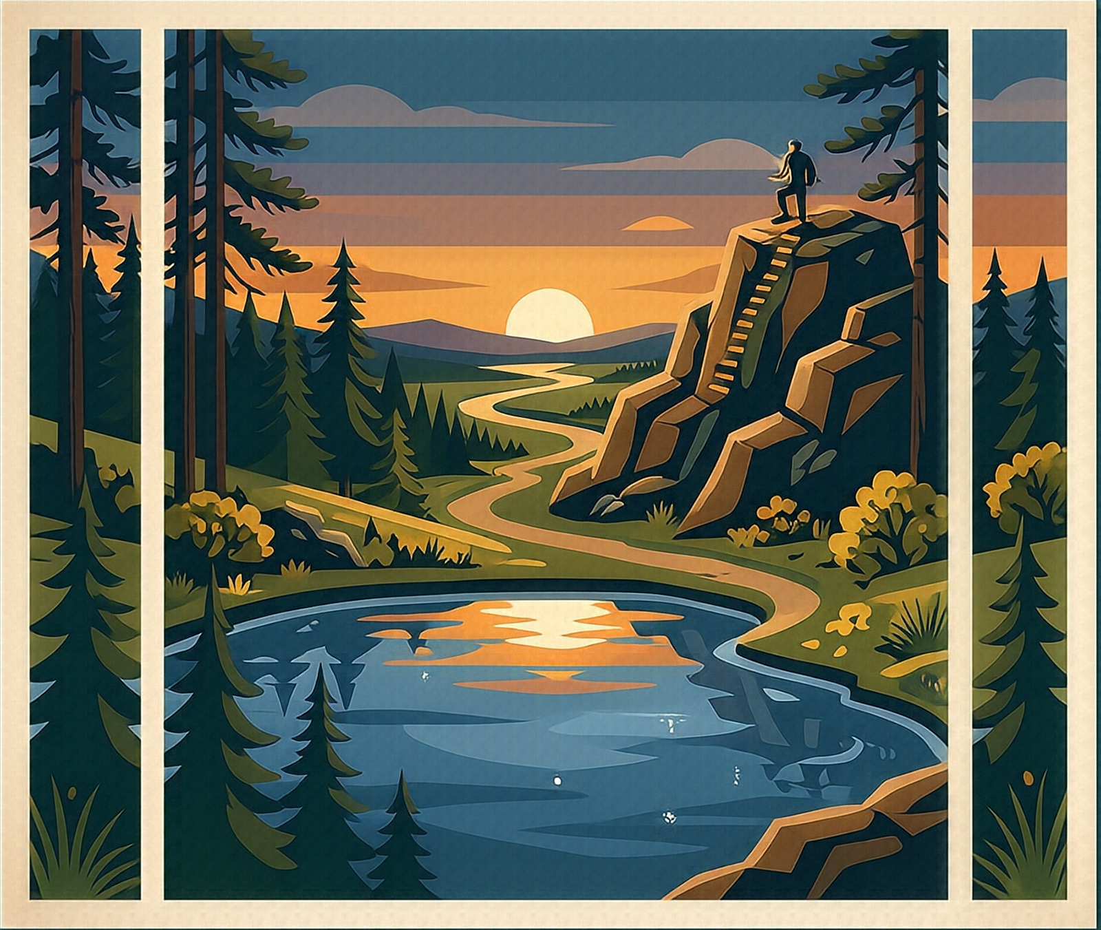 A dusk park-poster landscape: a river in the foreground mirroring the low sun, a footpath forking in the meadow toward a rocky summit with a lone figure, pines on both banks