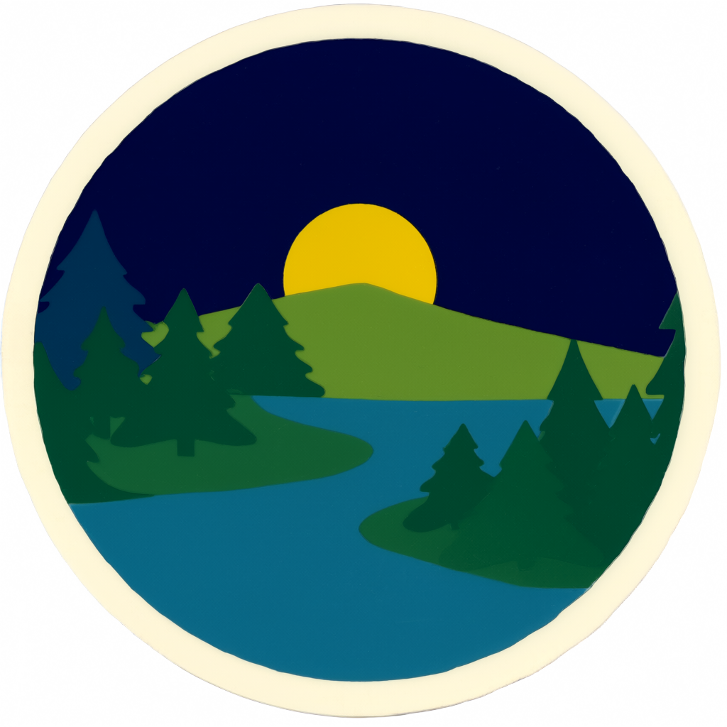 An enamel patch badge in vintage park-poster style: a low sun over a pine-covered hill with a winding river in front