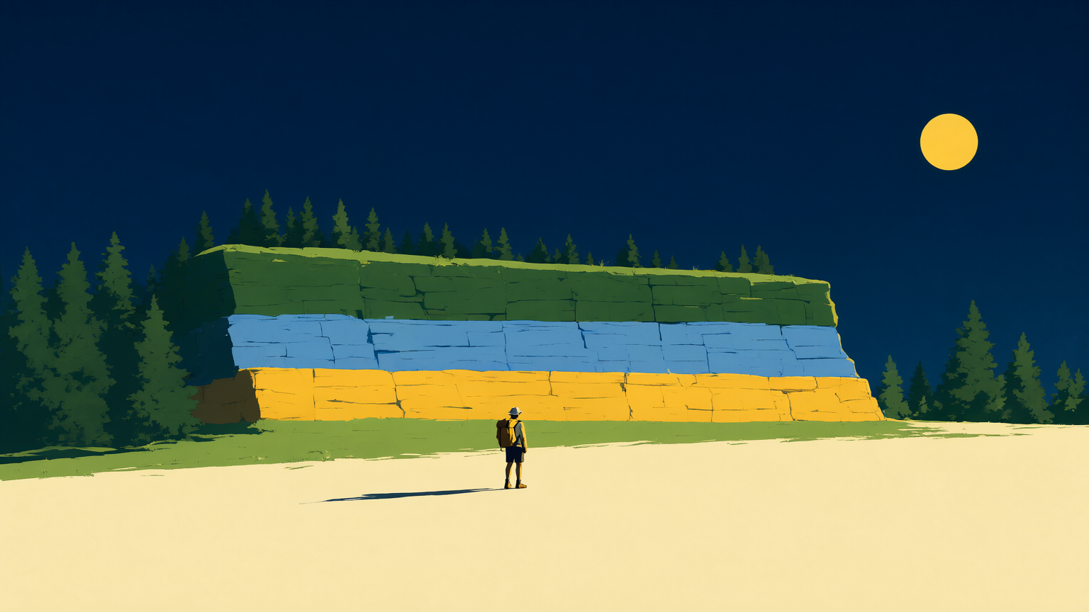 A dusk park-poster scene: a tiny lone hiker at the foot of a tall flat-topped rock wall built of three pale stone strata, its top level with a band of pines, a low yellow sun in a deep navy sky