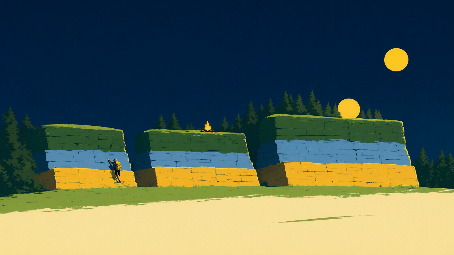 A dusk park-poster ladder of three flat-topped stone mesas rising left to right: a tiny hiker on the lowest, a small campfire on the middle, the low sun clearing the tallest