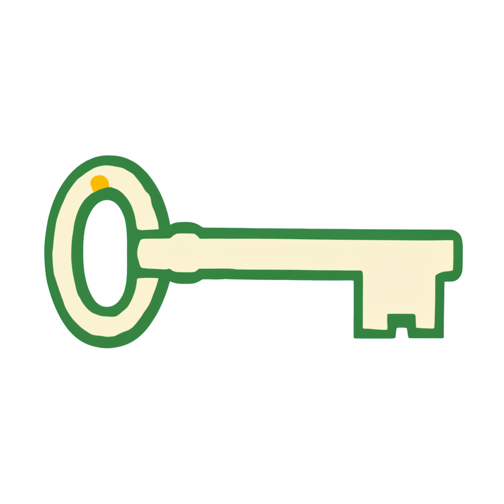 A single flat park-poster house key on a transparent background — a cream skeleton key with forest-green outlines and one sun-yellow ring at the bow