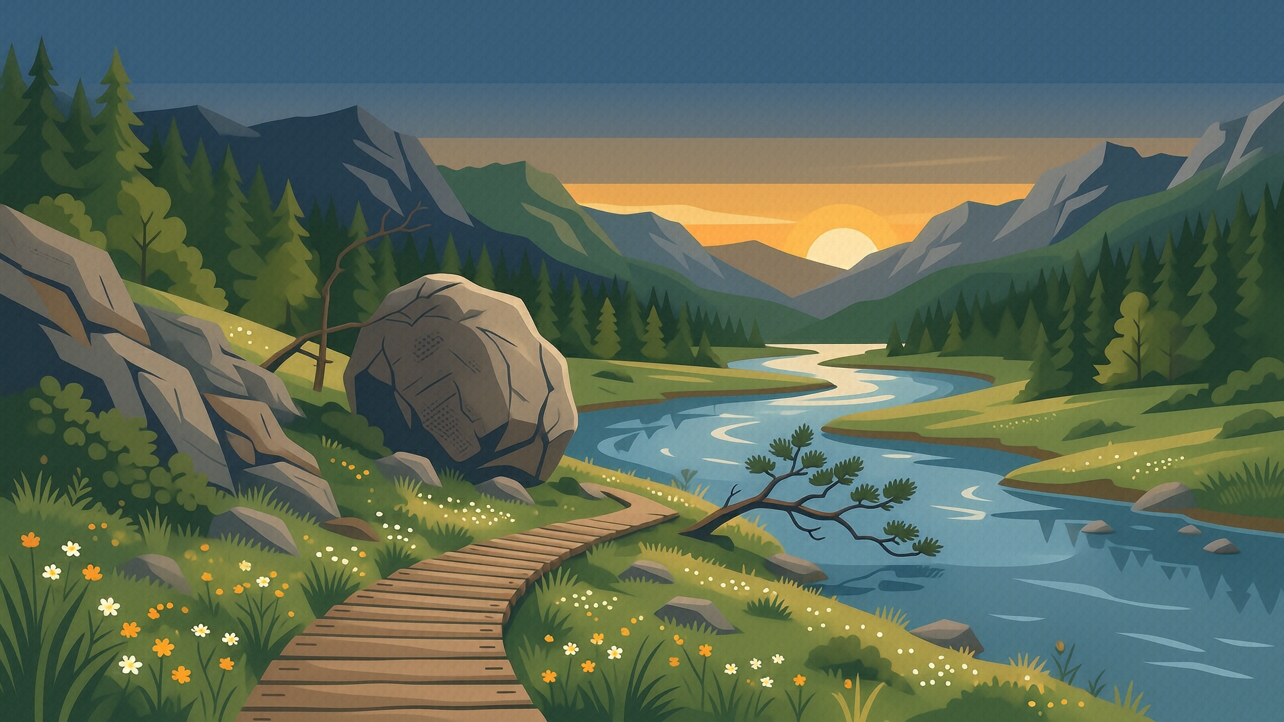 A dusk WPA park-poster landscape: a footpath forking at the edge of a wide river in a meadow, one branch climbing a rocky slope past a large rounded boulder, the other crossing low along the water to a pine forest, layered mountains behind, the low sun on the water