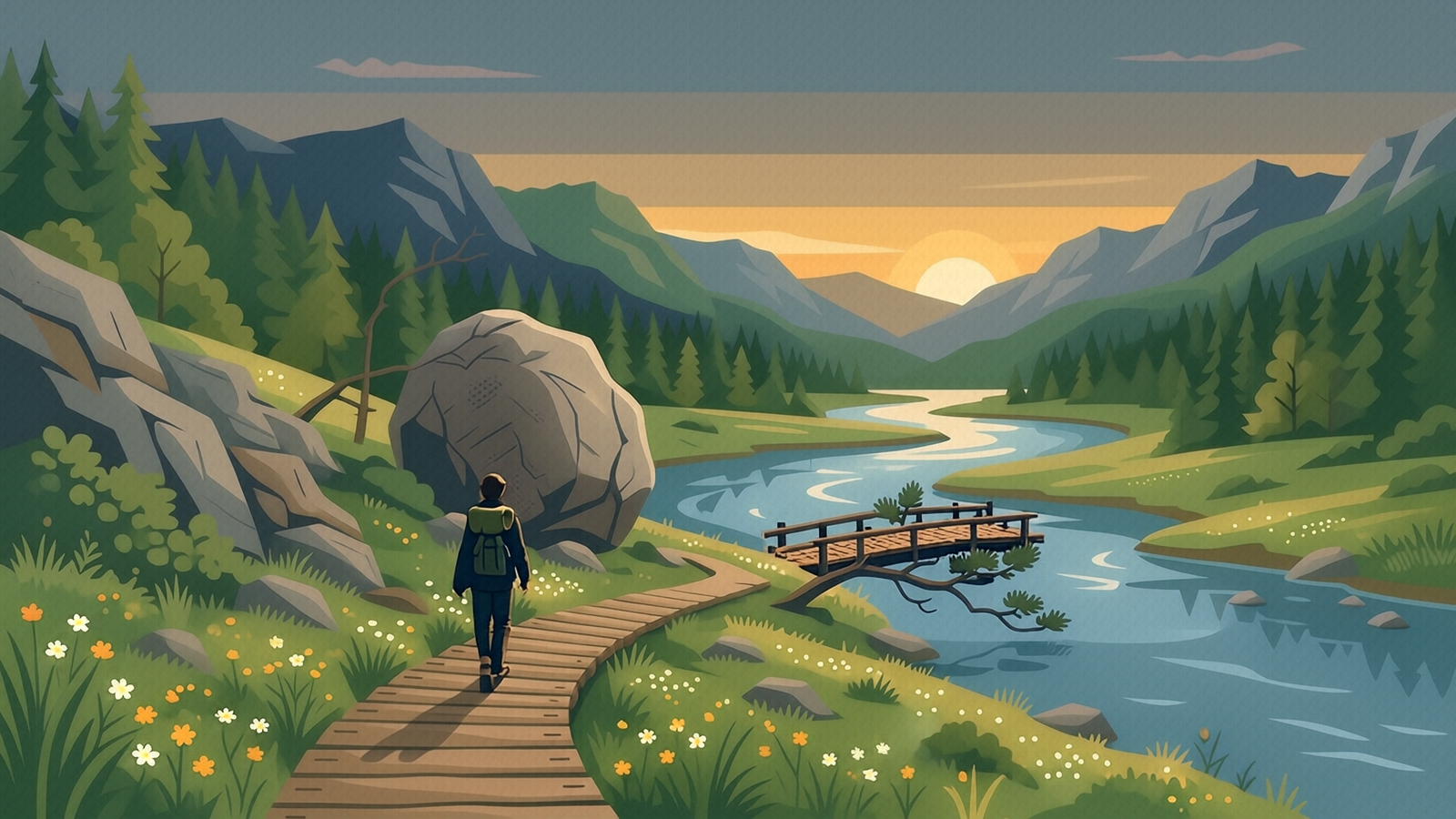 A dusk WPA park-poster landscape: a lone figure with a pack, seen from behind, walking a winding footpath through a meadow toward a low wooden bridge over the river, pines on the far bank, the low sun over the water