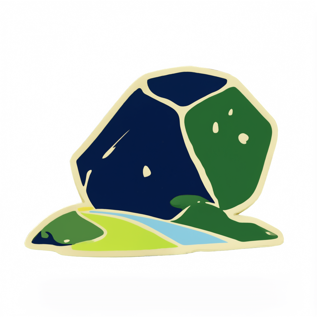 A vintage enamel patch badge in park-poster style: a large rounded boulder on a short winding path, flat palette, no text