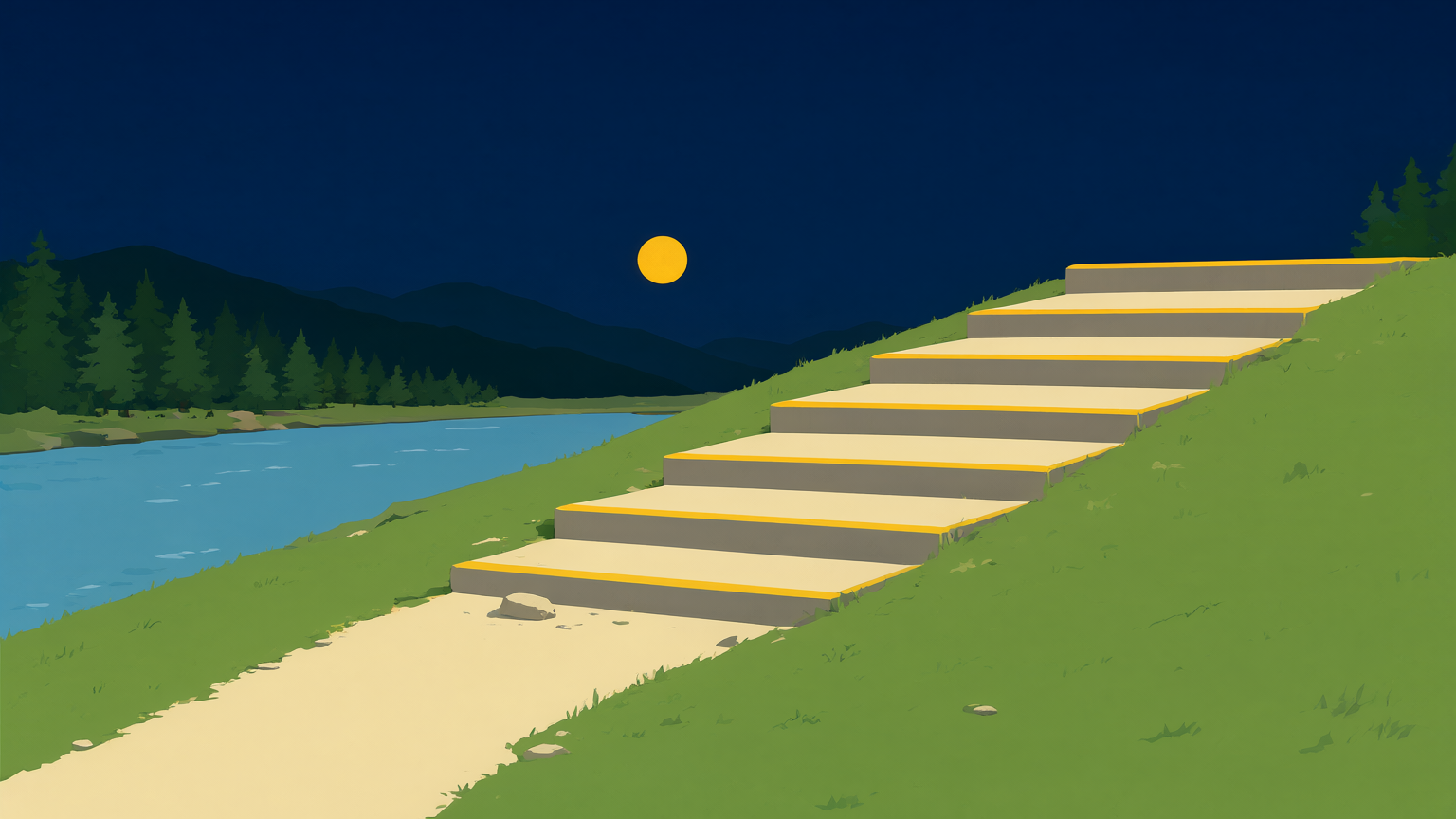 A dusk park-poster landscape: a wide stone staircase of three broad terraces built into a cream grassy slope above a still river, a narrow footpath arriving at the lowest step, pines and layered dusk mountains behind, the low sun in a deep navy sky