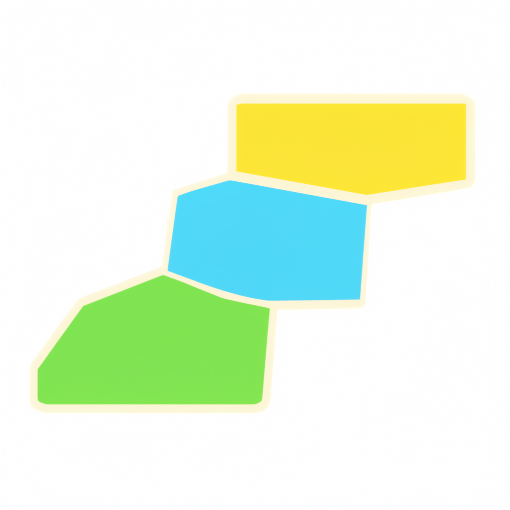 A flat park-poster glyph on a transparent background: three broad steps rising left to right — meadow green, river blue, sun yellow — each edged with a cream rim line, no numbers