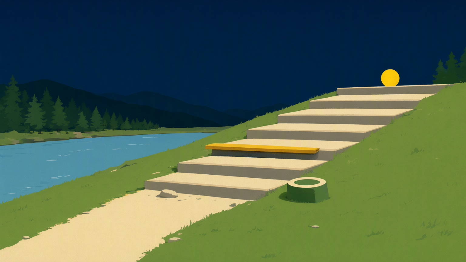 A dusk park-poster scene: a narrow cream crack splitting the top terrace of a stone staircase from the slope, spanned by a single slim sun-yellow plank, one forest-green stone with a cream rim on the near side, the highest terrace and the low sun beyond