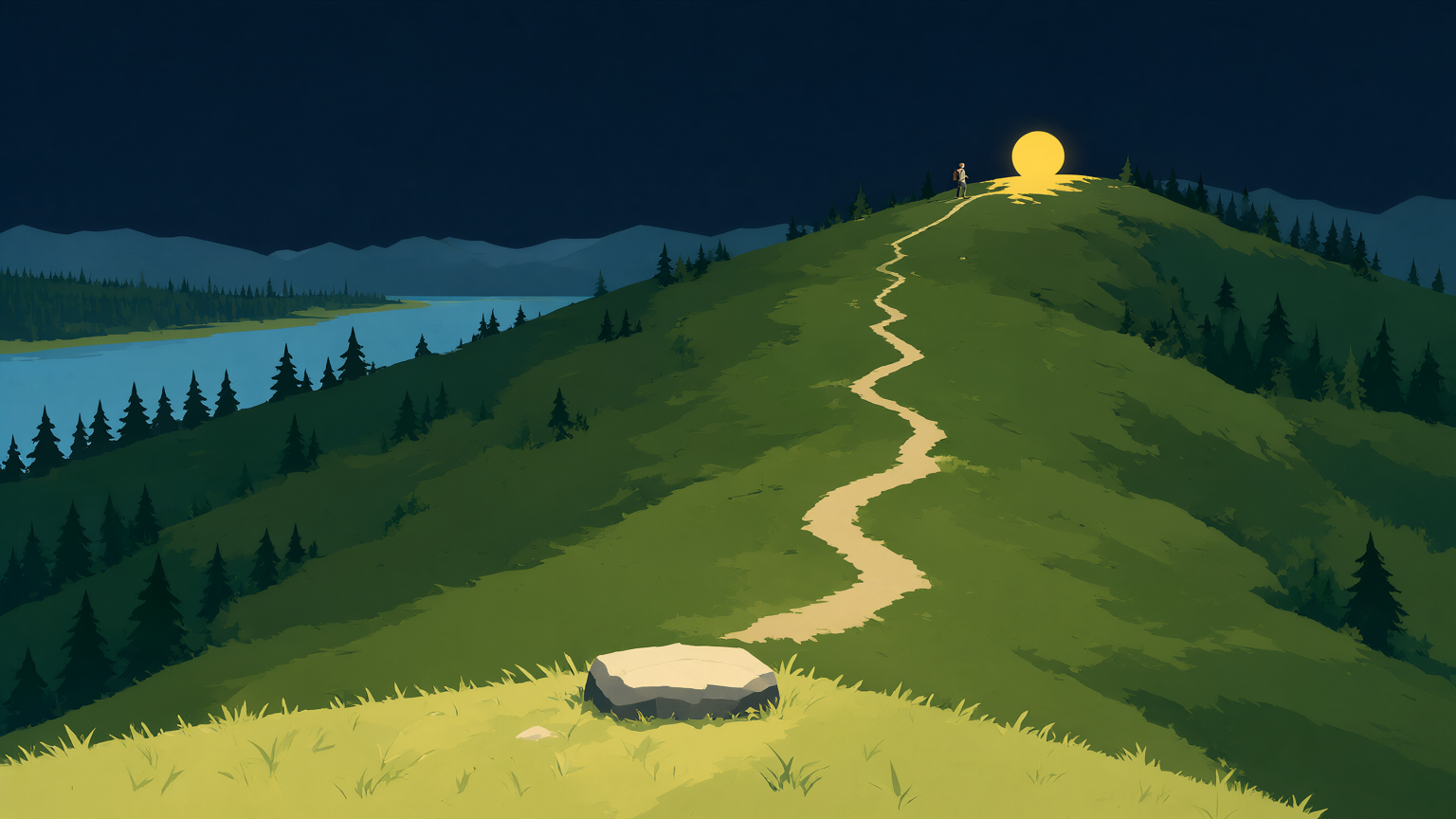 A dusk WPA park-poster landscape: a small stone marker low in cream grass at the foot of the scene, a single flat switchback trail rising long and steady across forest-green slopes toward a high lit ridge where a tiny hiker stands near a low sun-yellow sun, pines and layered dusk mountains behind