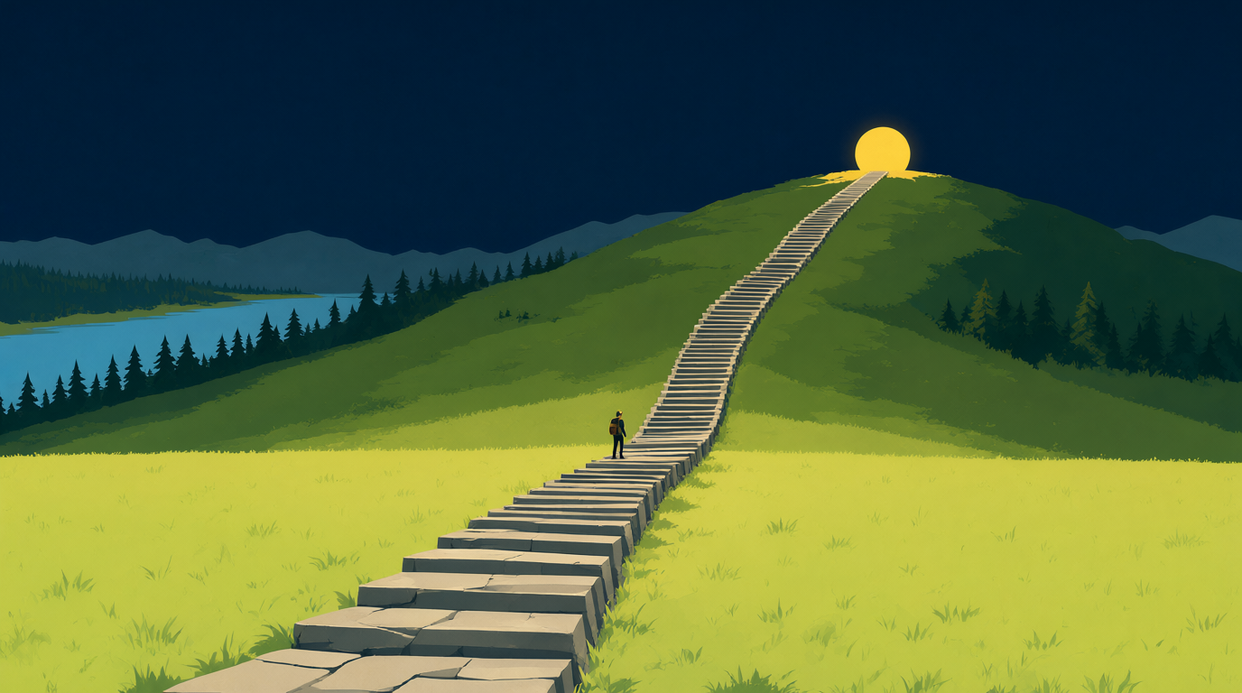 A flat WPA park-poster dusk scene: one long stone stair path runs dead flat through a wide cream meadow for most of its length, then bends and climbs in a single long steep sweep up to a lit ridge catching the low sun; a lone tiny hiker with a small pack stands on the flat part near the bend, looking up, pines on the near bank, layered dusk mountains behind