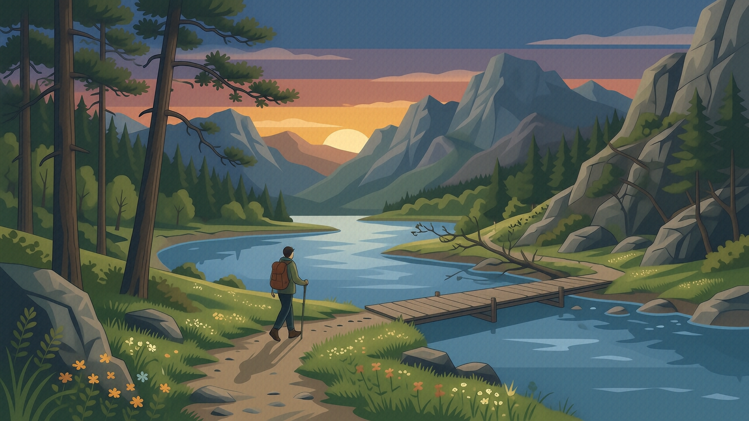A dusk park-poster landscape: a footpath forking at the edge of a wide river, one branch crossing to the far bank on a wooden footbridge, the other climbing a pine-lined slope, layered mountains and the low sun over the water