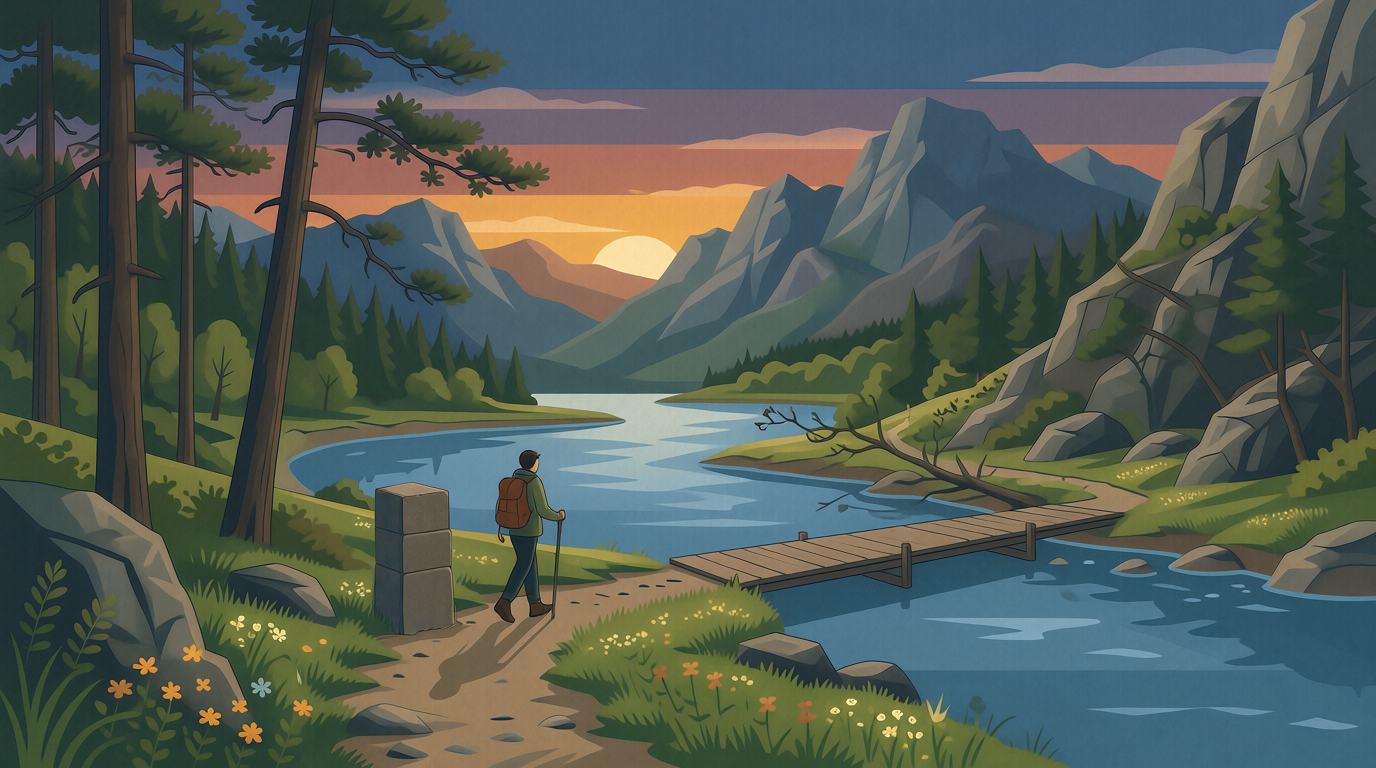 A dusk park-poster landscape: a hiker with a walking staff stands at the river’s bend beside a plain stacked-stone waymarker post, the footbridge crossing the water, pines on the far bank, the low sun over the river