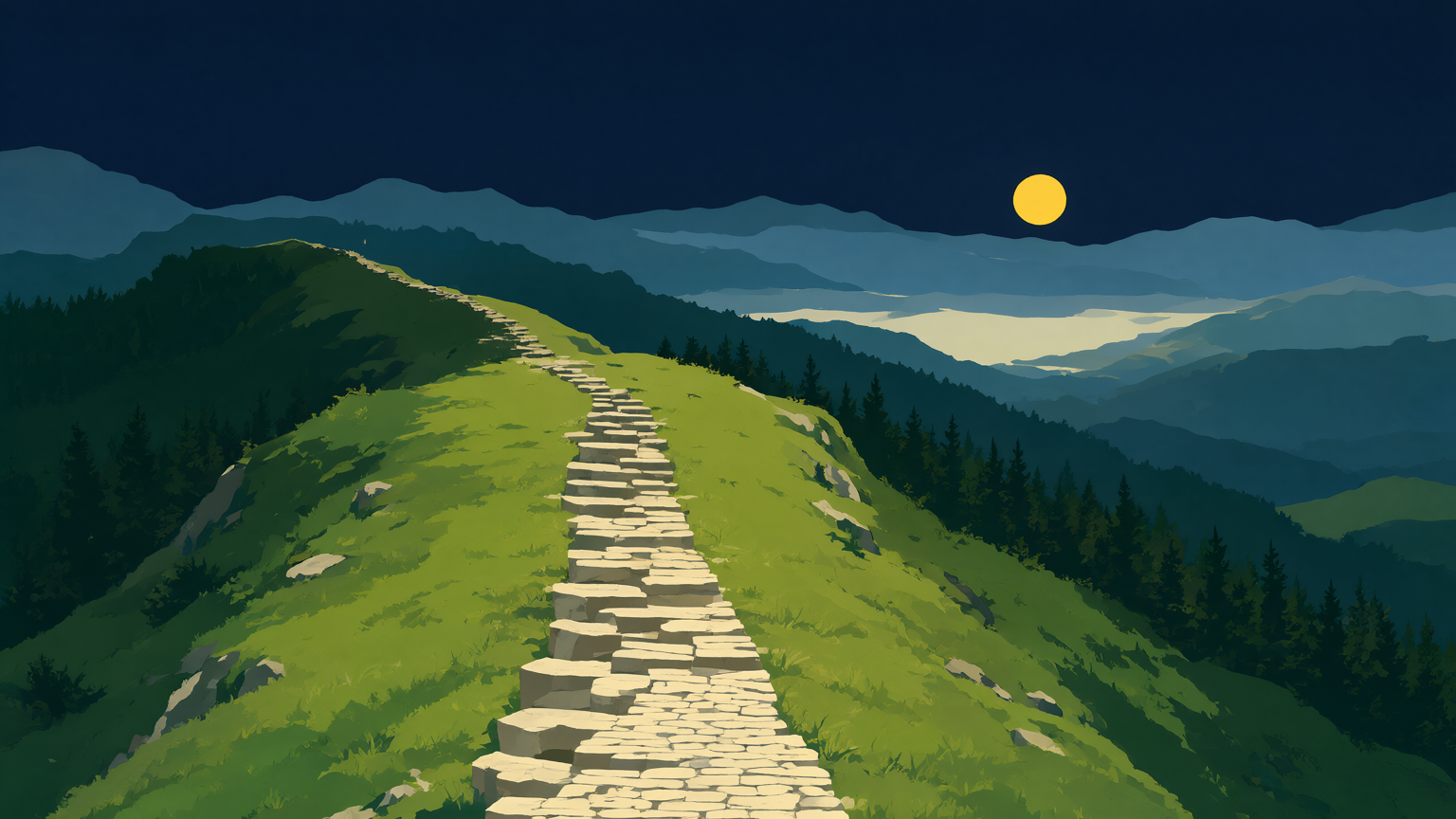 A dusk WPA park-poster landscape: a long stone-stepping trail descending a broad ridge toward a low valley of light, the stones set wide apart near the top and growing closer and flatter as the trail falls into a long near-flat run fading into haze, layered dusk mountains behind, the low sun on the sky