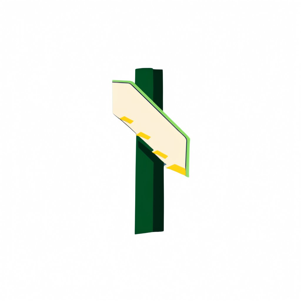 A single flat WPA park-poster downhill trail-sign marker on a transparent background: a short forest-green post with one cream arrowhead plank pointing downward-left, three tiny sun-yellow step marks descending along its edge, no text