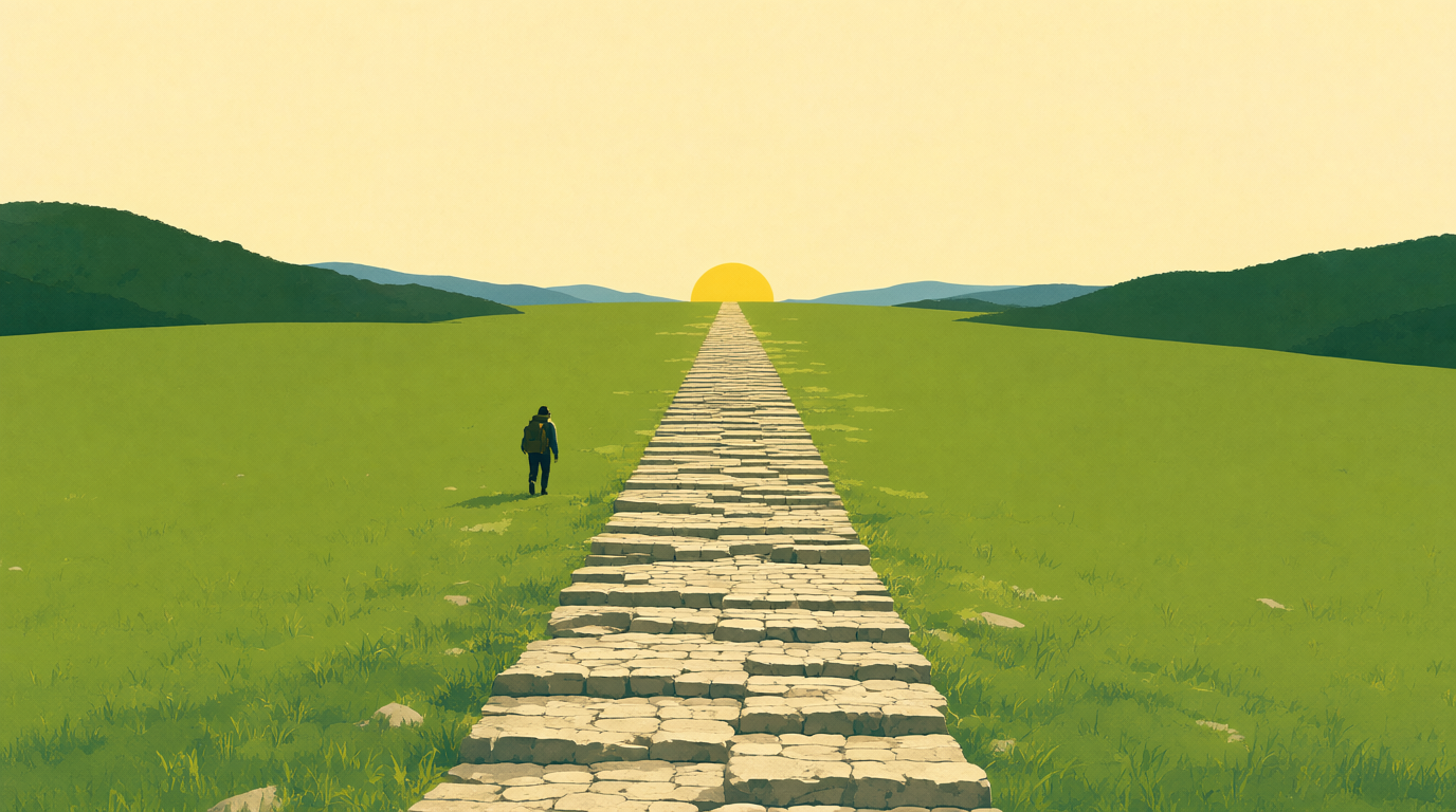 A flat WPA park-poster dusk scene: a lone tiny hiker with a small pack, seen from behind, walking down a very long straight stone staircase that starts steep in the near foreground and flattens into an almost-level ribbon of tiny stones stretching all the way to a distant low sun on the horizon, low forest-green hills on both sides