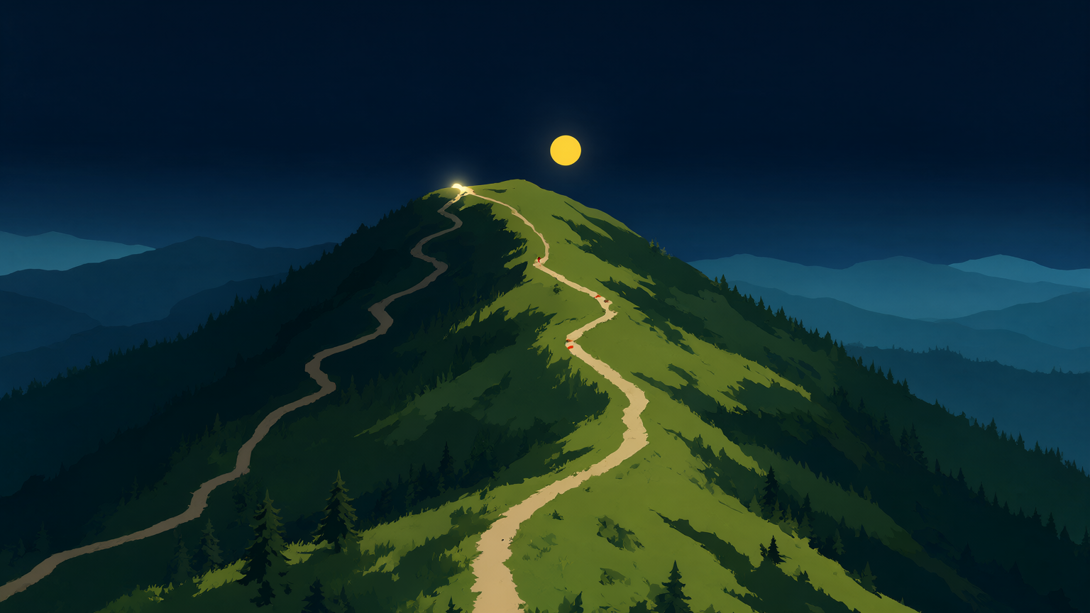 A dusk WPA park-poster landscape: two switchback trails climb one broad peak toward the same low sun, one cutting across the far shadowed face, the other running long along the near lit ridge, layered dusk mountains behind