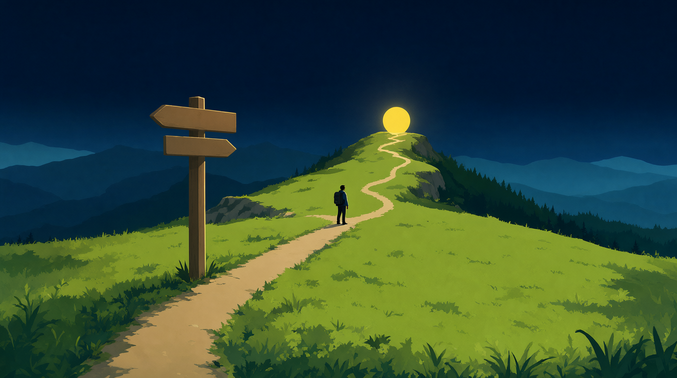 A flat WPA park-poster dusk scene: a forked wooden trail signpost with two blank planks where two footpaths diverge in a meadow, one climbing a steep rocky spur into forest-green shadow, the other running low and long along a lit ridge toward a distant sun-yellow summit glow, a lone tiny hiker with a small pack paused at the fork