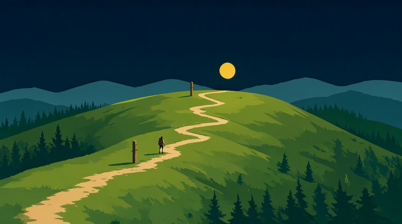 A flat WPA park-poster dusk scene: a wide trail climbing a long slope in evenly spaced switchbacks from the lower left, a lone tiny hiker with a pack paused at the middle of three wooden trail-marker posts that grow taller going up, the topmost post under a low sun-yellow sun, layered dusk mountains behind, a band of pines below
