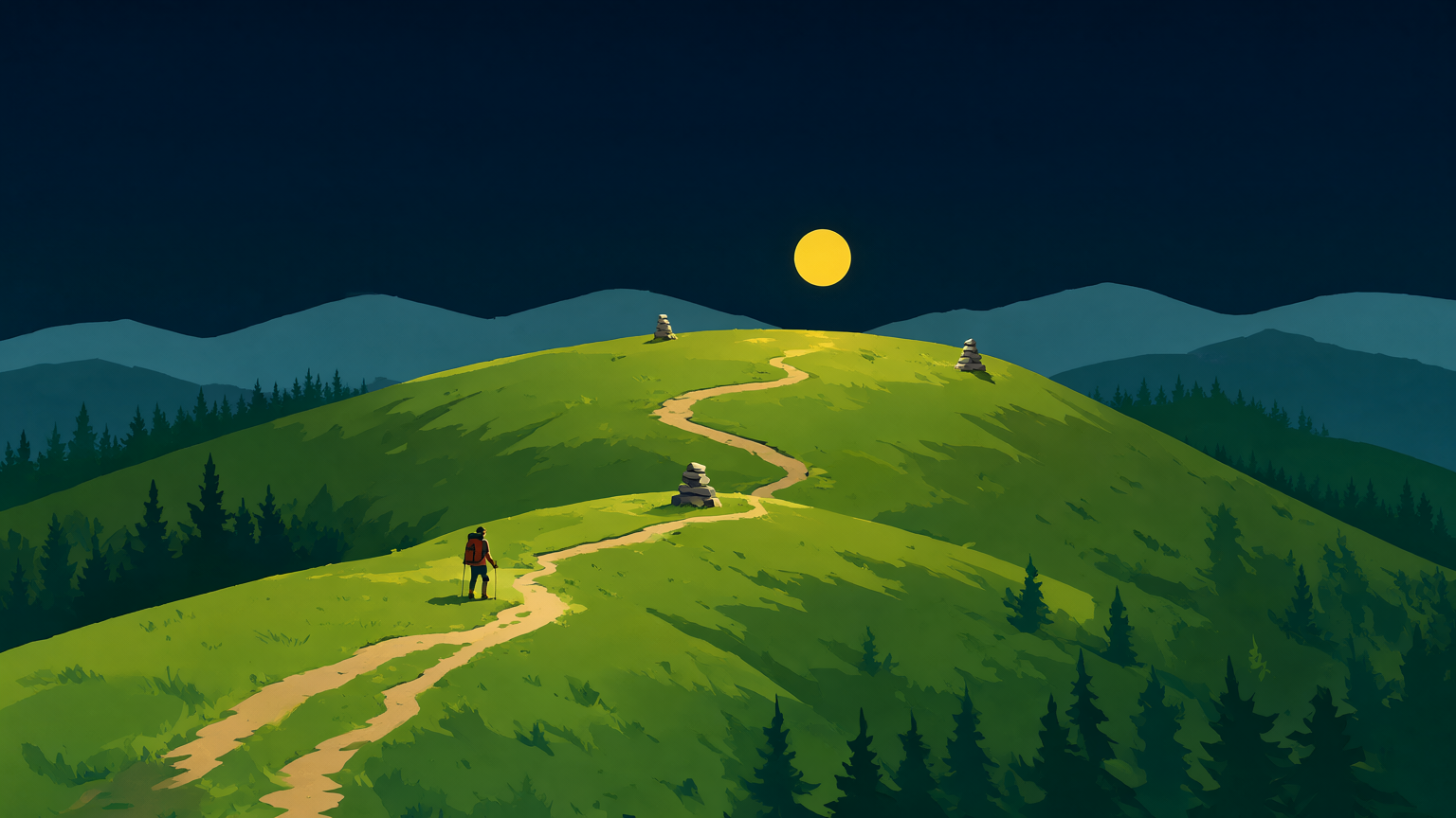 A dusk WPA park-poster landscape: a hiker’s trail switchbacking up two broad grassy ridges toward a low sun, the switchbacks steep and close together on the lower slope, long and flat across the upper ridge, three small stacked-stone cairns marking the way, a band of pines in the valley between, layered dusk mountains behind