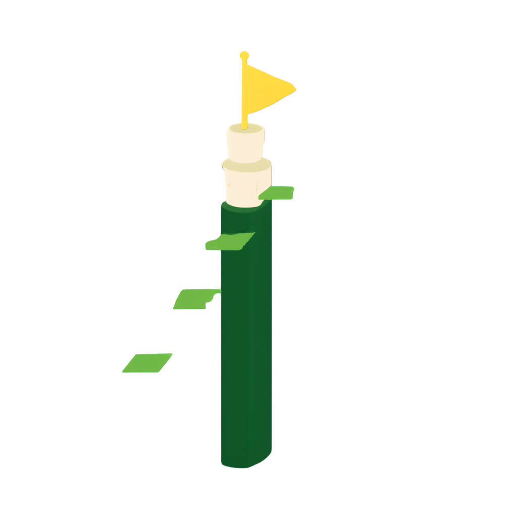 A single flat WPA park-poster trail-marker post on a transparent background: a short forest-green post topped by a small sun-yellow pennant flag, three cream stacked-stone marks on its shoulder and three tiny meadow-green step marks rising alongside, no text