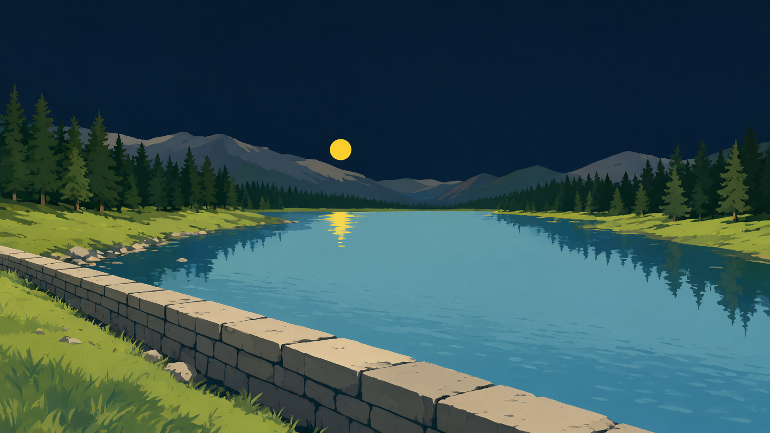 A dusk park-poster landscape: a low stone dam holding back a wide, still reservoir that mirrors the low sun, a band of pines on the far shore, layered dusk mountains behind