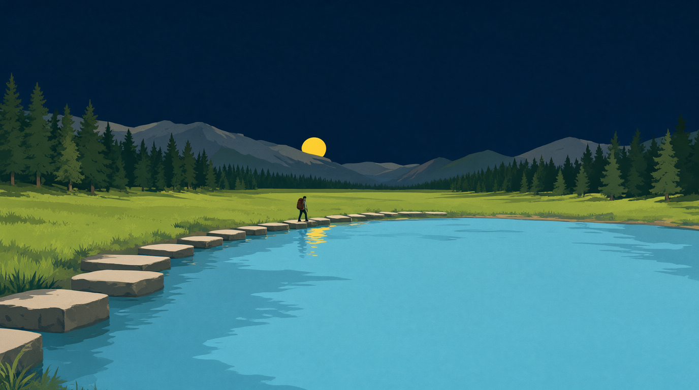 A flat park-poster dusk scene: a line of stepping stones crossing a shallow band of river-blue water toward the far meadow-green bank, a lone tiny hiker with a small pack mid-path, low sun in a deep navy sky, pines and layered dusk mountains behind