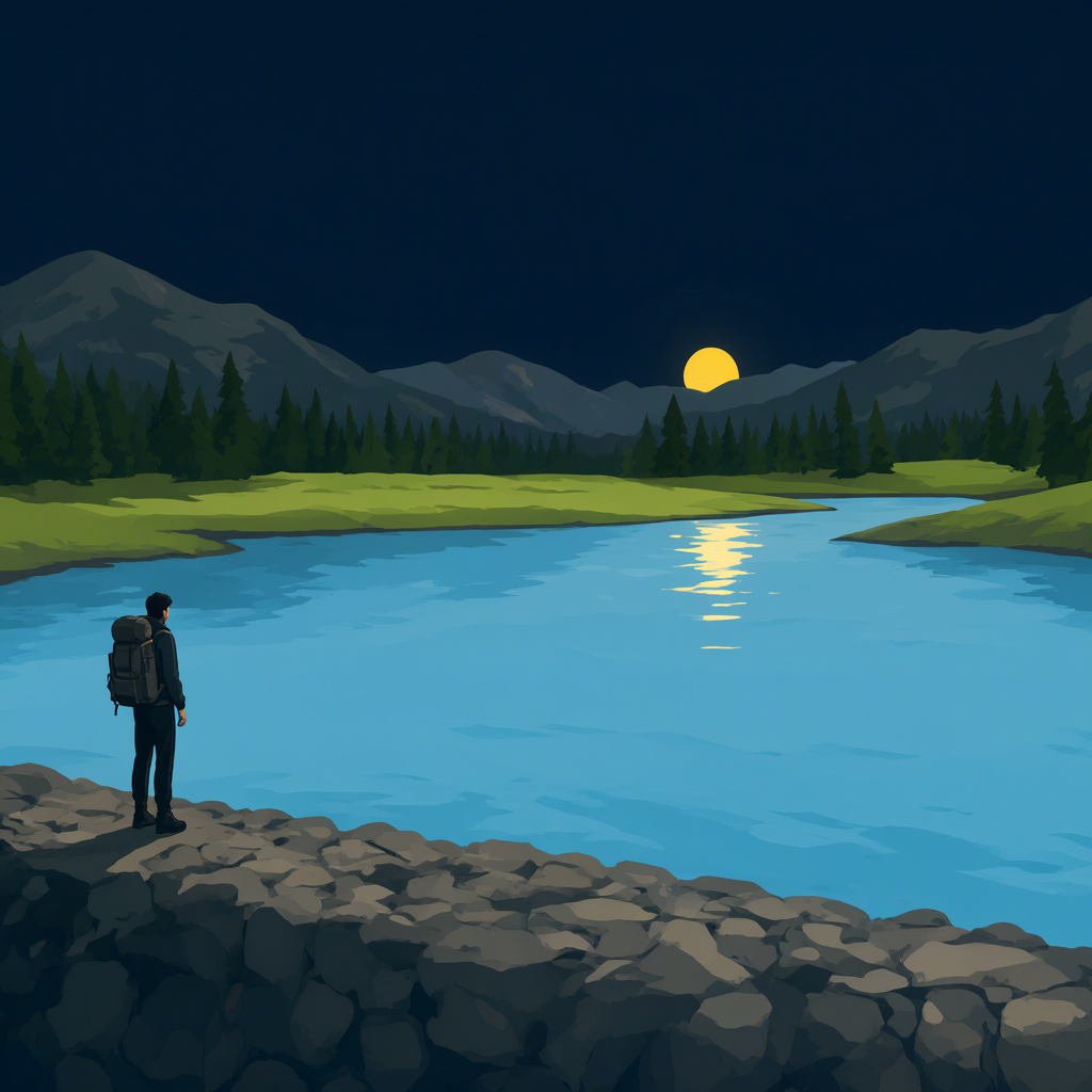 A calm cove at dusk held behind a low stone shore, glassy water mirroring the low sun, pines on the far bank, flat park-poster style
