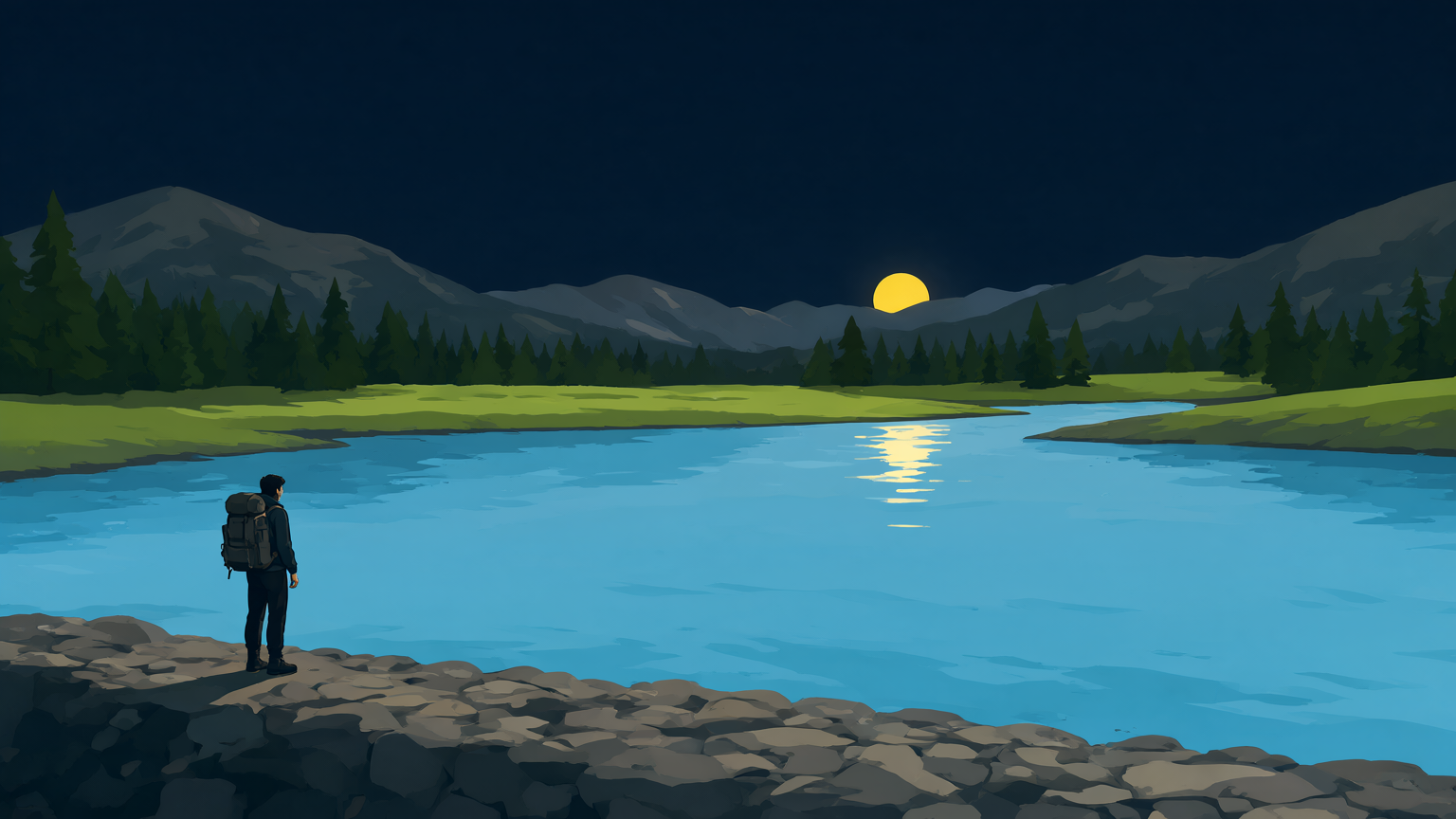 A dusk park-poster landscape: a lone figure with a small pack at the edge of a wide, still river at dusk, a low stone shore in the foreground, pines on the far bank, the sun low on the water