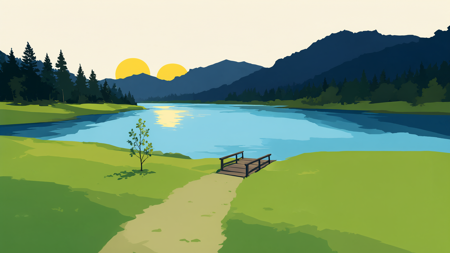 A dusk park-poster scene: a narrow footpath leaving a meadow, crossing a small wooden footbridge over a wide still river toward layered mountains, a single small sapling at the path’s beginning, the low sun on the water