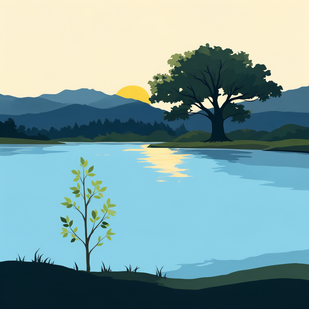 A dusk park-poster scene: a young sapling at the river’s edge with a great old tree on the far bank, layered mountains and the low sun on the water