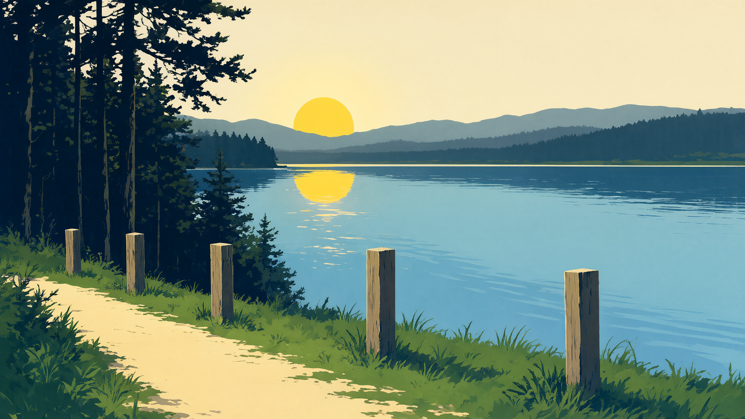 A dusk park-poster scene: a cream footpath leaving a pine forest edge climbs toward a wide still river and low sun, five flat-topped wooden trail posts standing beside it, each one taller than the last, the farthest standing at the river’s edge