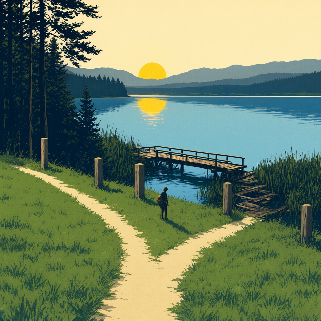 A dusk park-poster scene: a cream footpath forking at a river crossing, one branch reaching the far bank on an intact low footbridge toward the low sun, the other turning into waterlogged reeds where its planks have washed out, a tiny lone hiker standing at the fork