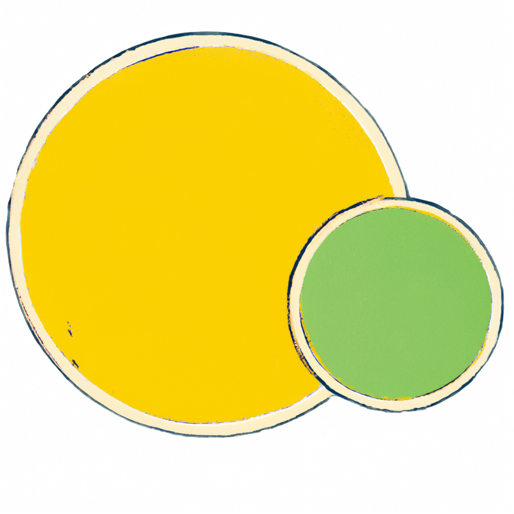 A flat park-poster pair of coin medallions on a transparent background — a full sun-yellow coin and a half-size meadow-green coin touching its side: the deferral and the match