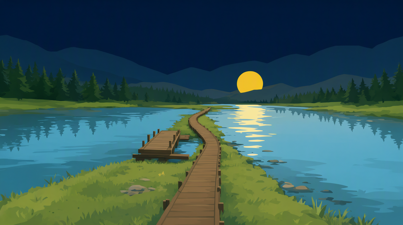 A dusk park-poster landscape: a single boardwalk path forking at the river crossing, one branch on a small wooden bridge, the other along the near bank, both heading toward the same distant mountains