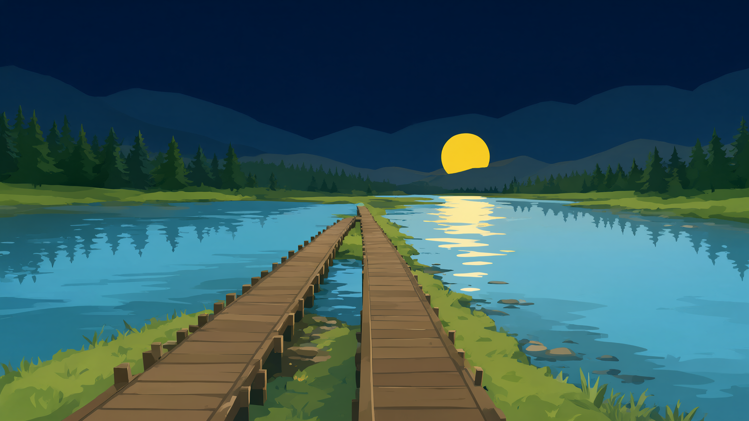 A dusk park-poster landscape: two parallel wooden boardwalk paths running side by side across a wide river toward distant mountains, pines on both banks, the low sun on the water