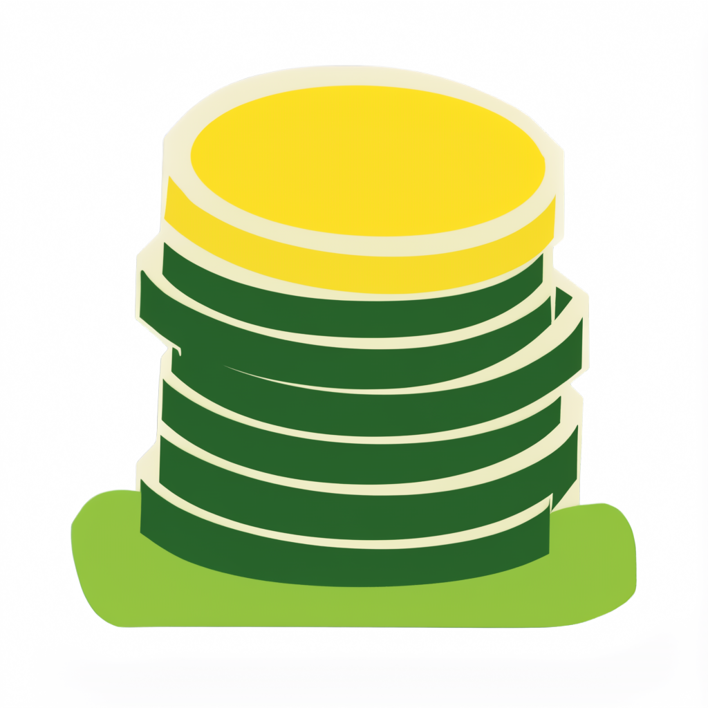 A flat WPA park-poster coin stack on a transparent background, the top coin in sun yellow, the rest in forest green with cream rims