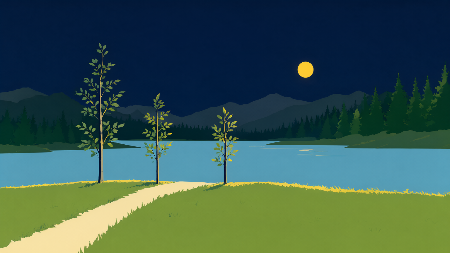 A dusk park-poster landscape: three young saplings planted in a row along a cream grass ridge above a wide still river, the leftmost tallest, a narrow footpath arriving at the row, pines and layered dusk mountains behind, the low sun in a deep navy sky
