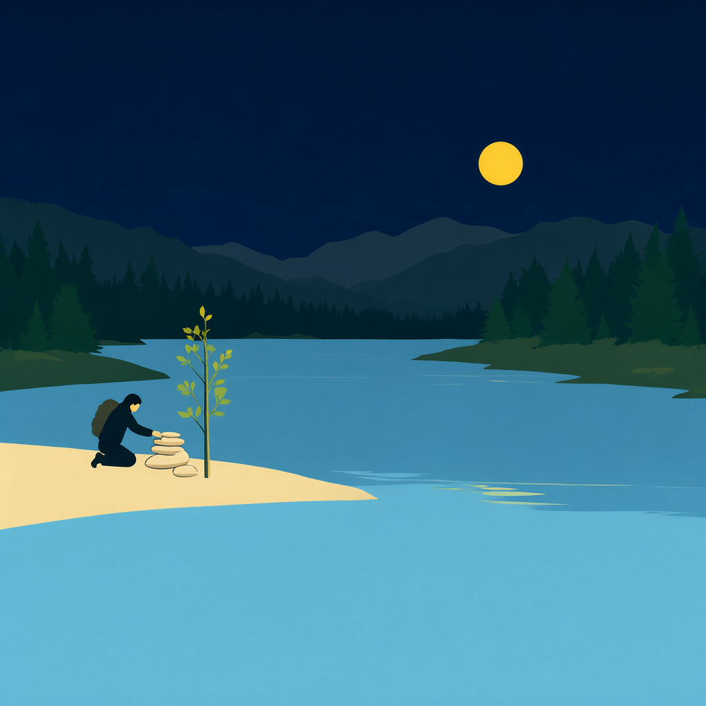 A flat park-poster dusk scene: a lone tiny faceless hiker kneeling on a cream bank stacking three flat stones into a small cairn beside a single young sapling, the river blue water in the foreground, pines and layered mountains behind, low sun in a deep navy sky