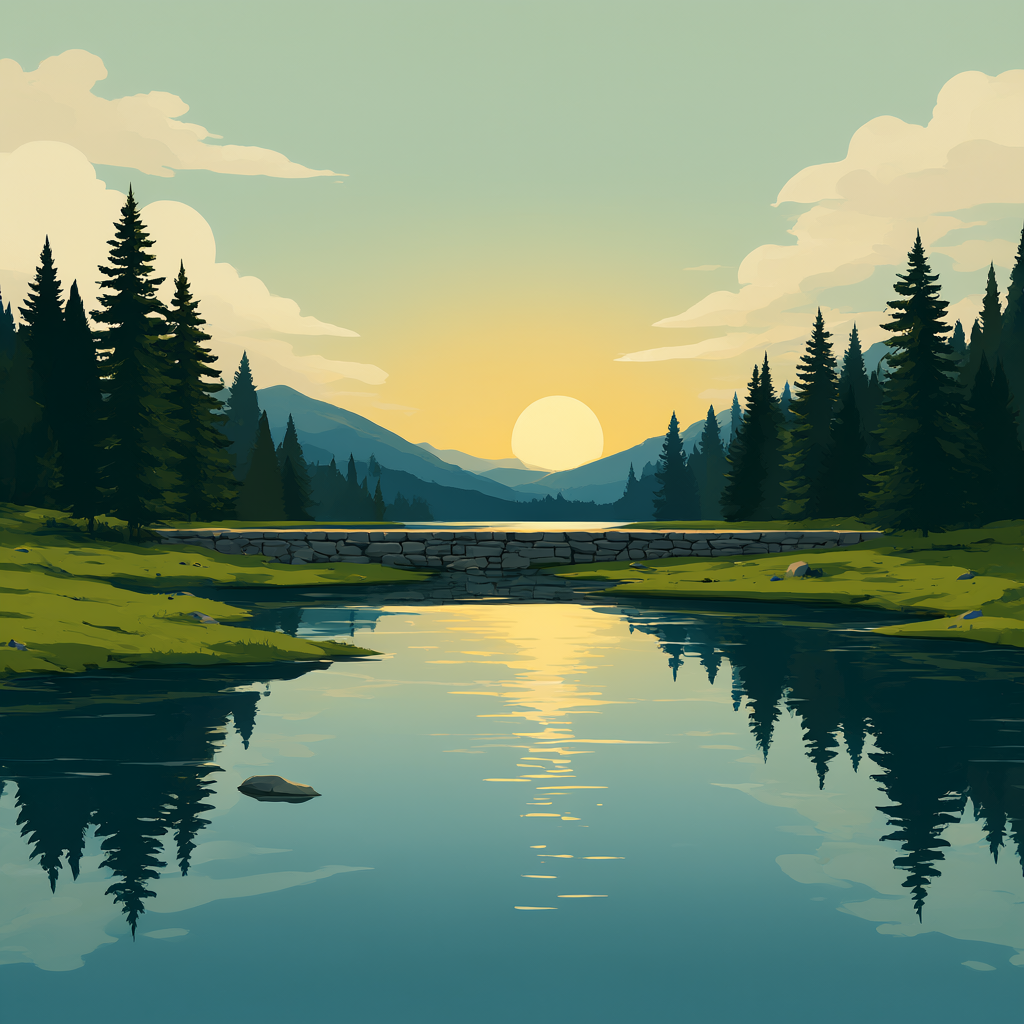 A calm lake held behind a low stone dam in a pine clearing at dusk, glassy water mirroring the low sun