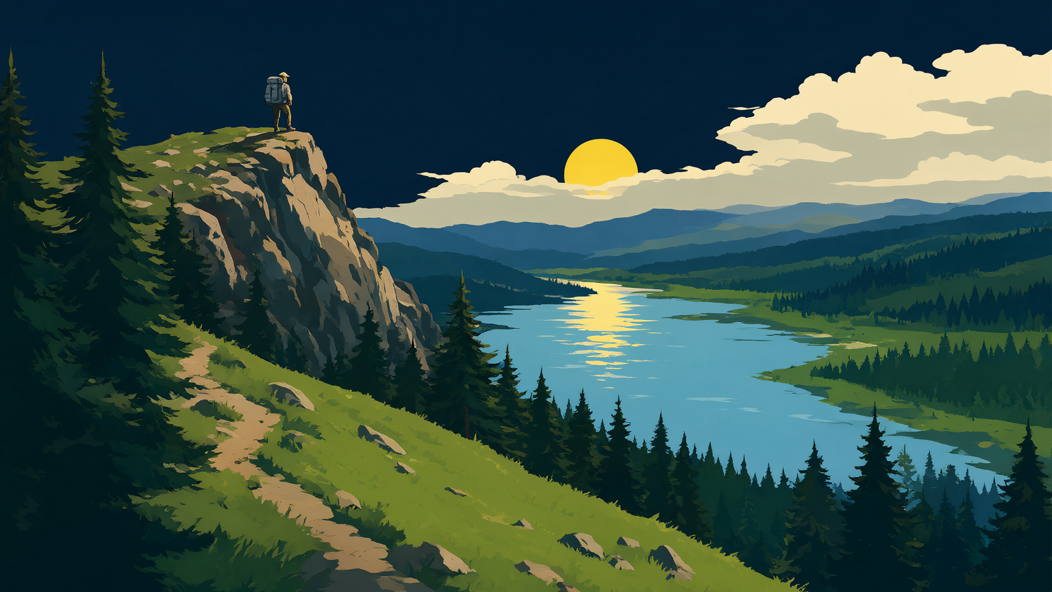 A dusk park-poster landscape: a hiker with a pack on a rocky summit above a winding trail that descends through pines to a wide river valley, the low sun over the water