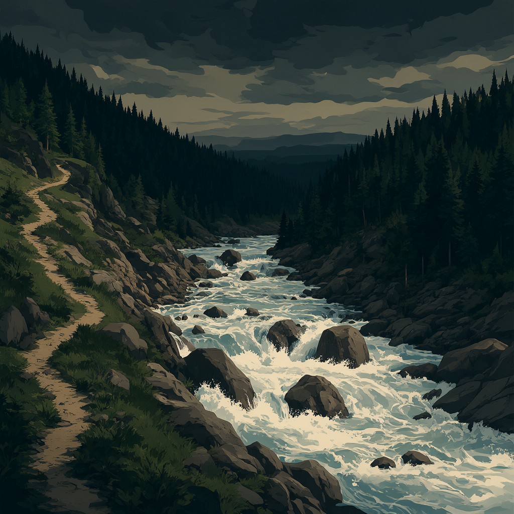 A steep rocky descent with churning rapids through a dark pine forest under storm clouds at dusk, a broken trail down the slope