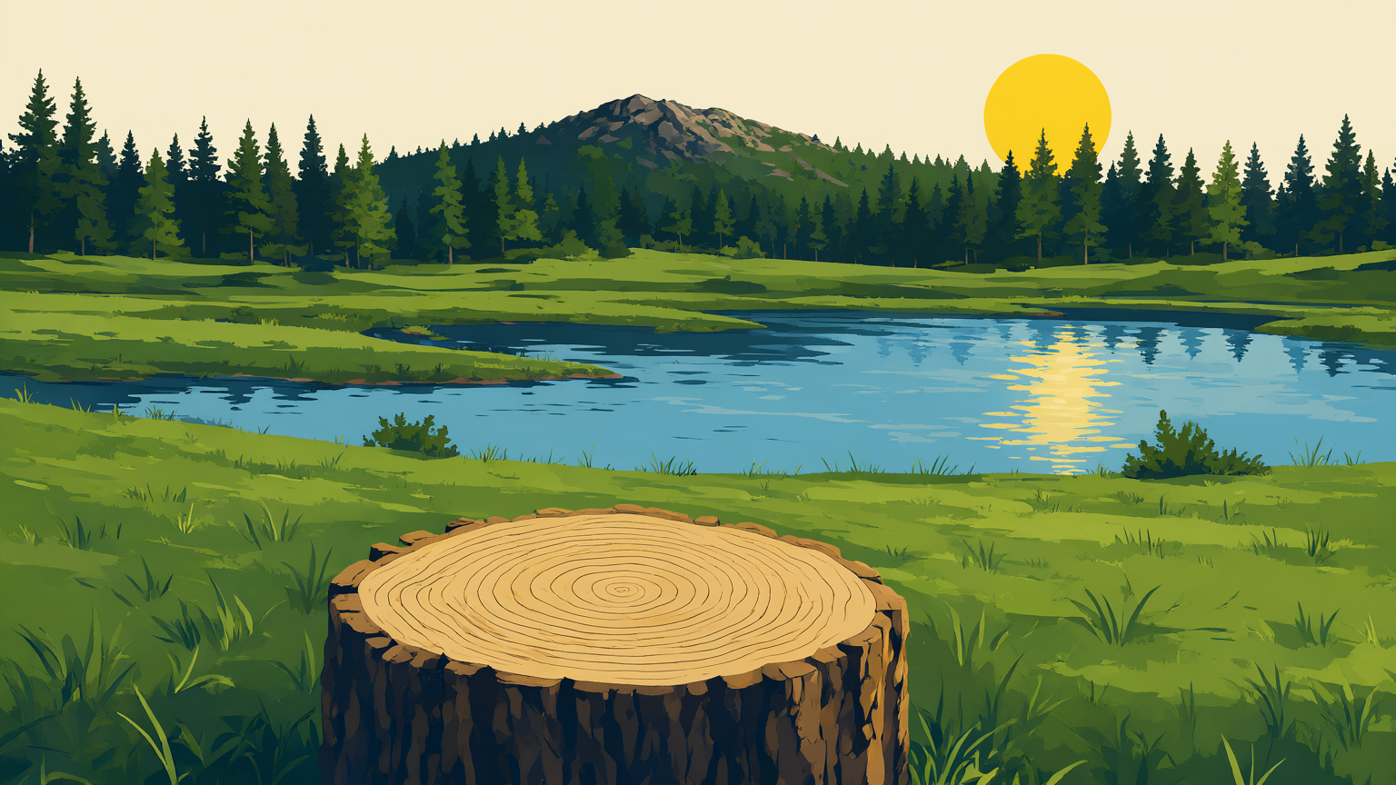 A dusk park-poster landscape: a cut tree stump with visible growth rings in the meadow foreground, a wide river mirroring the low sun, pines and a rocky summit on the horizon
