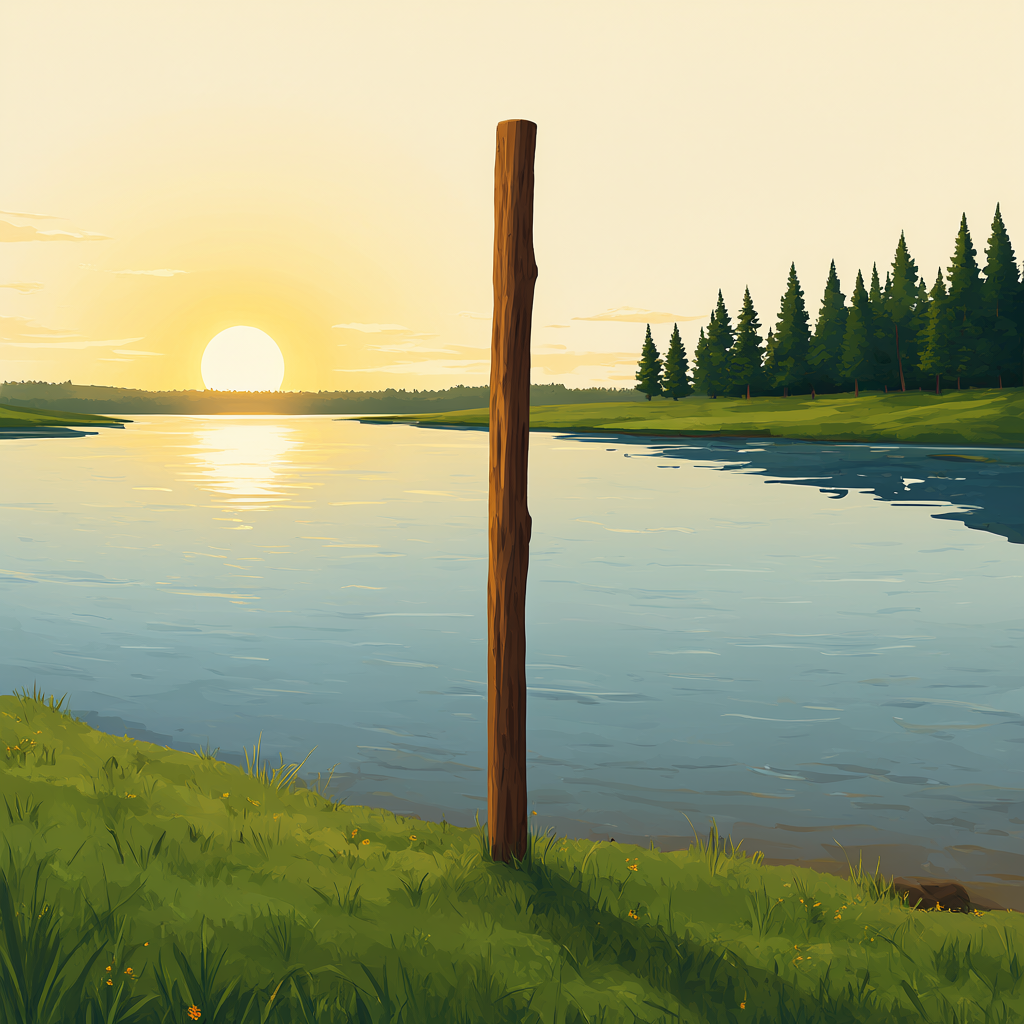 A plain wooden staff standing at the edge of a wide river at dusk, the low sun on the water, a band of pines on the far bank