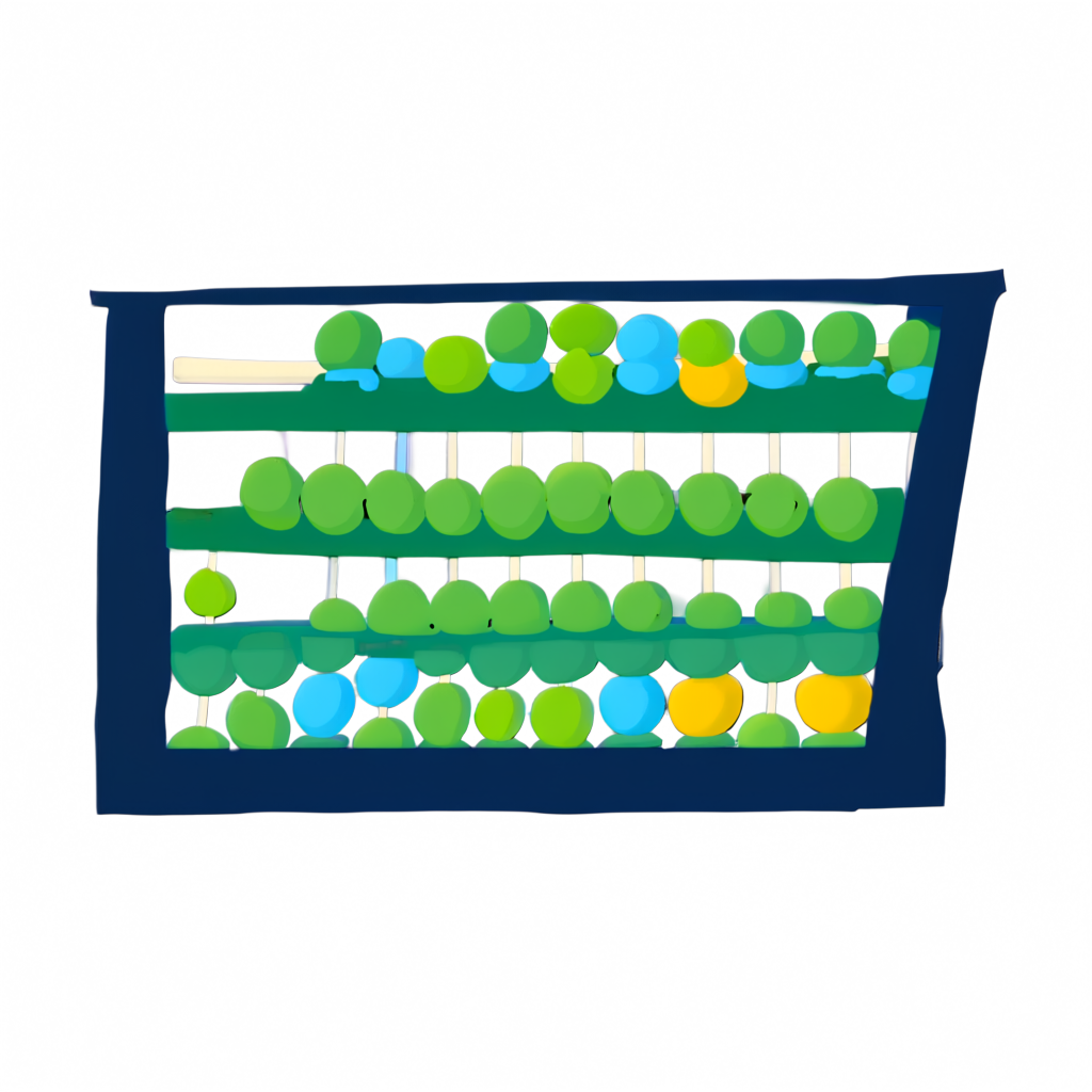 A flat vintage park-poster abacus with green, blue and yellow beads on a navy frame, on a transparent background