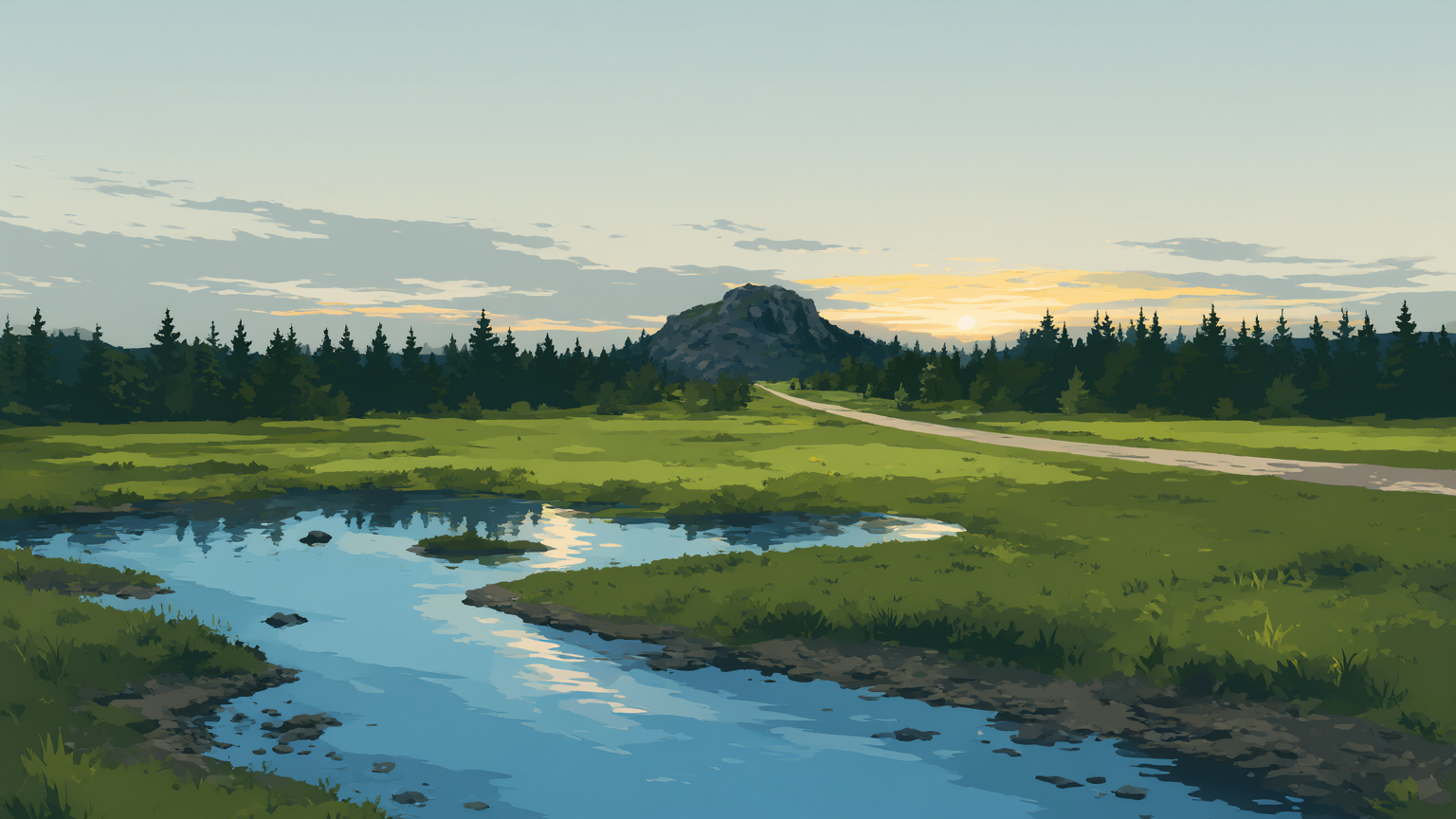 A dusk park-poster landscape: a footpath across a meadow leading to a rocky summit, a wide river in the foreground mirroring the low sun, pines on both banks