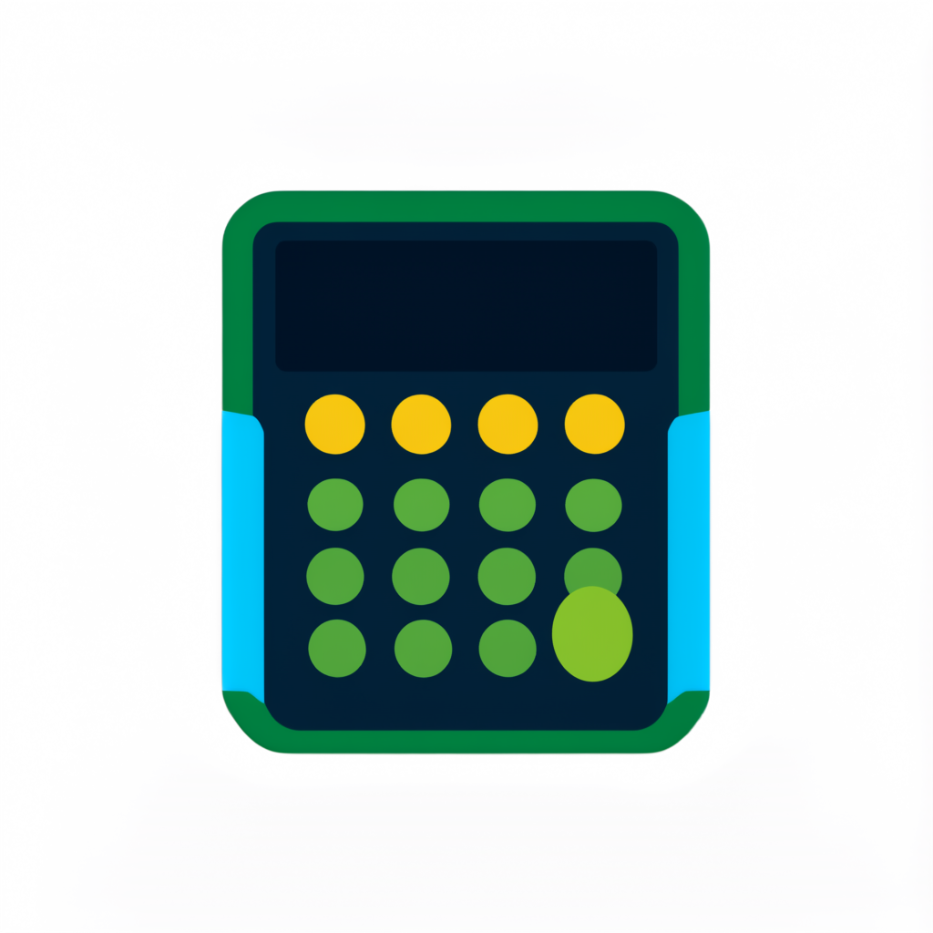 A flat vintage park-poster pocket calculator with a blank dark display and plain round keys, navy and forest green body with meadow-green and yellow keys, on a transparent background