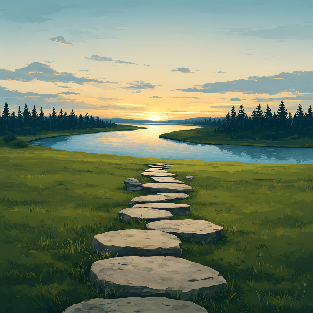 A path of flat stepping stones crossing a meadow toward a river bend at dusk, low sun over the water, a band of pines on the horizon, flat park-poster style